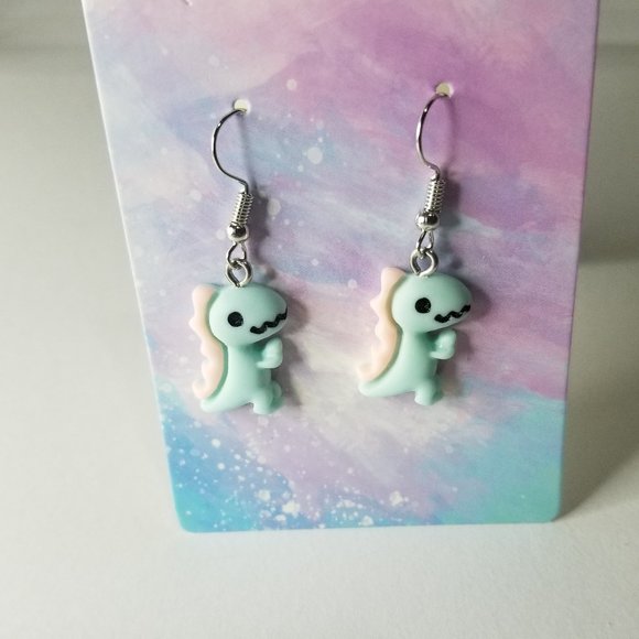 New Little Dinosaur Dangle Earrings- Blue - Picture 2 of 3